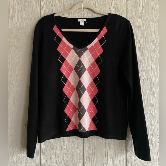 Apt. 9 Sweaters - Y2K Argyle Black Pink V-Neck Sweater Barbiecore Schoolgirl Preppy Academia Sz PL